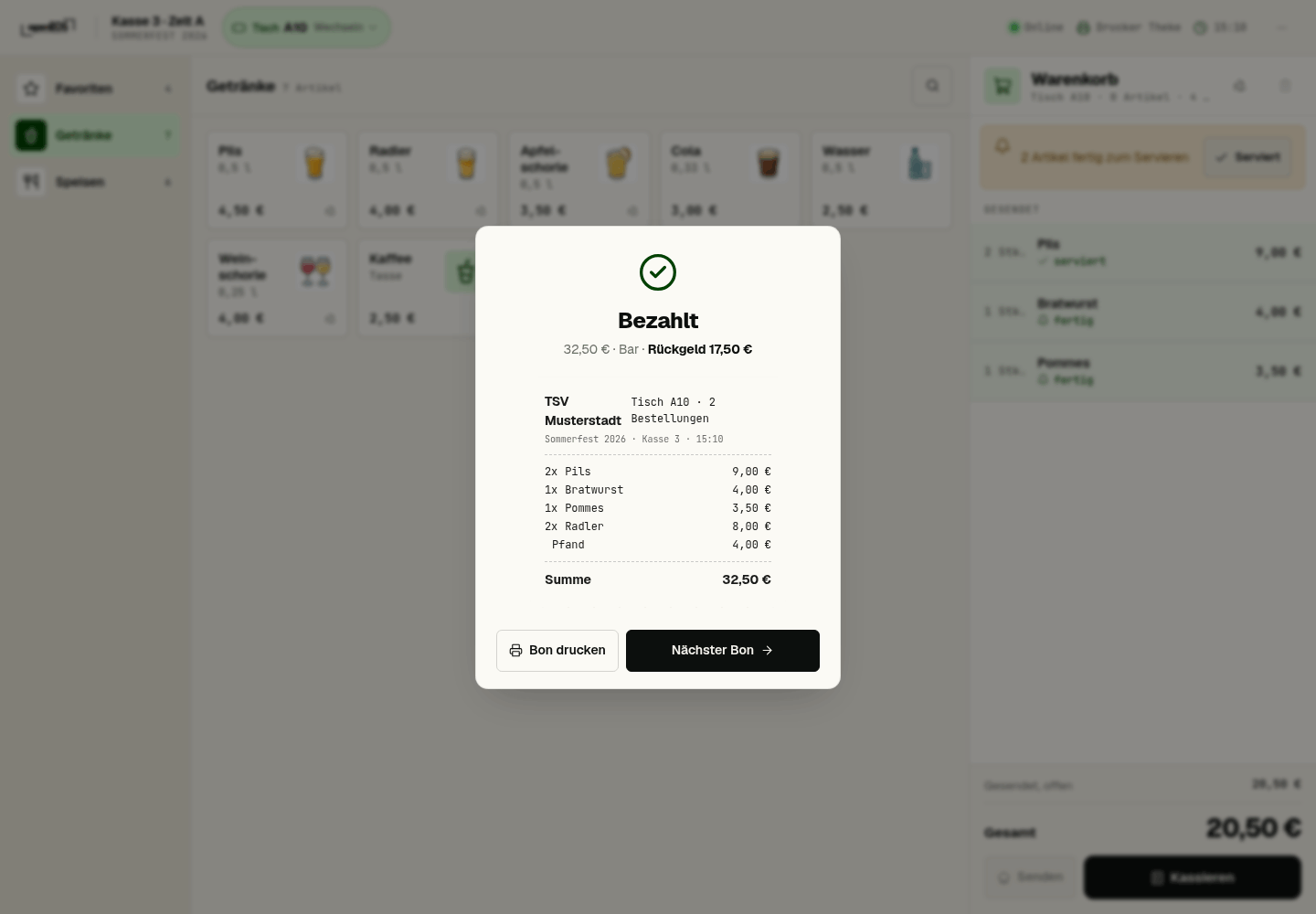 Abschluss mit Rückgeld und Bon