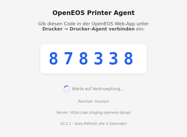Statusseite des Agents mit dem sechsstelligen Code