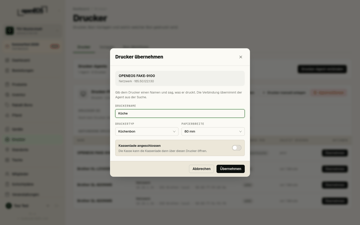 Dialog „Drucker übernehmen“ mit Name, Typ und Papierbreite
