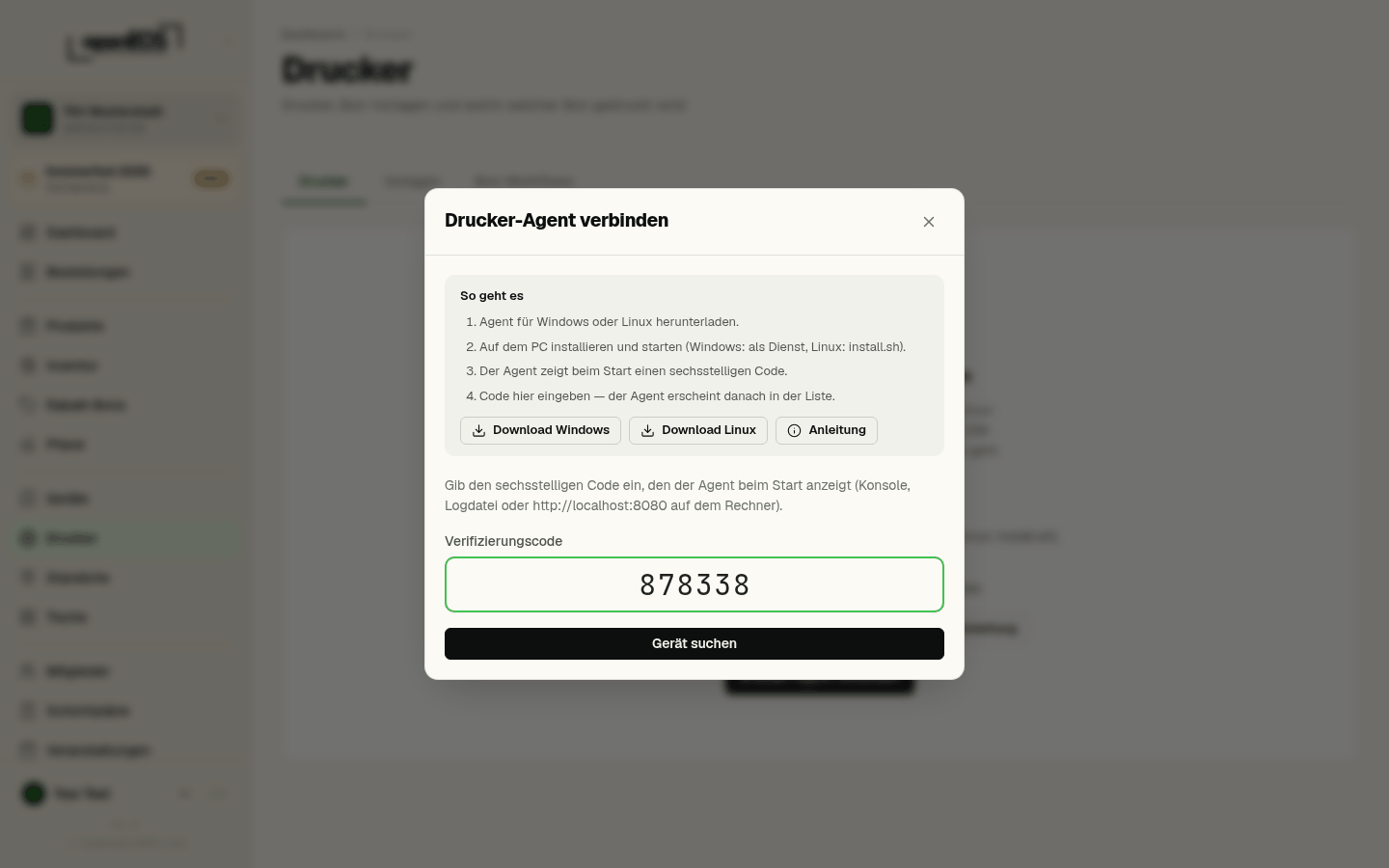 Dialog „Drucker-Agent verbinden“ mit eingegebenem Code