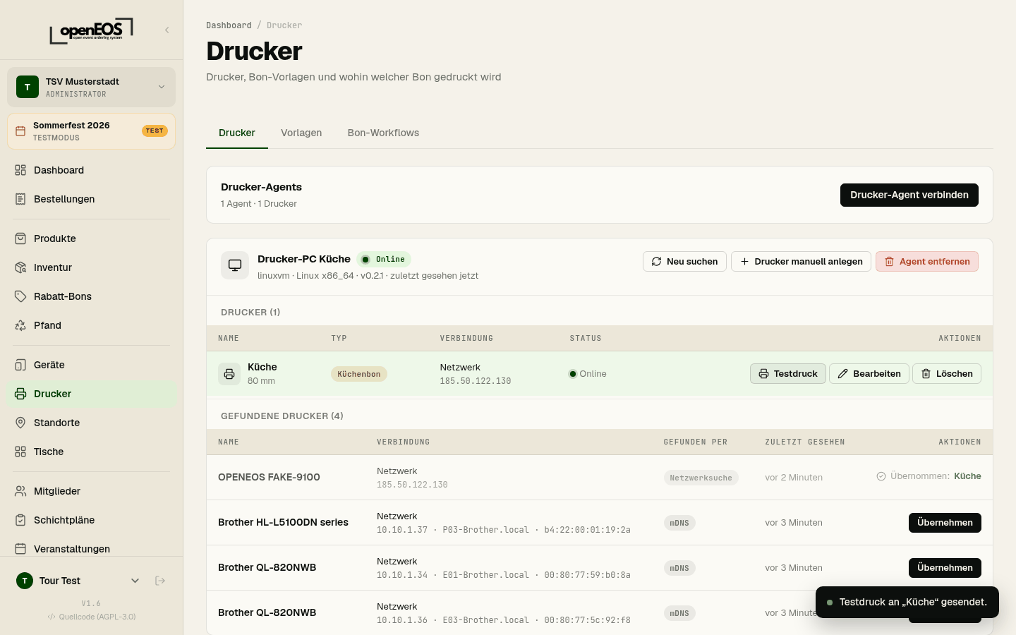 Übernommener Drucker online, Testdruck gesendet