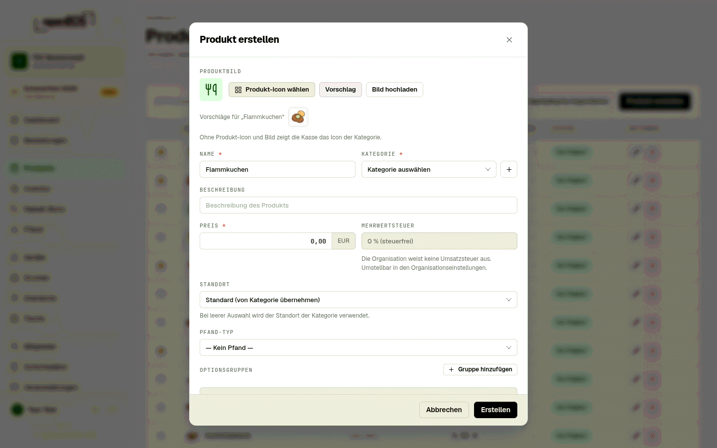 Icon-Vorschlag im Produktformular