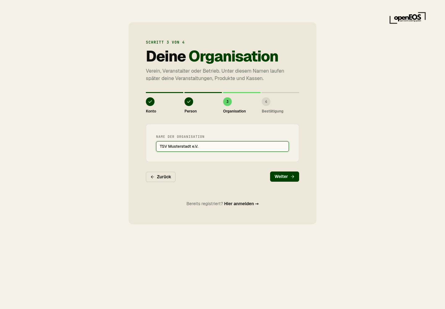 Registrierung Schritt 3 – Organisation