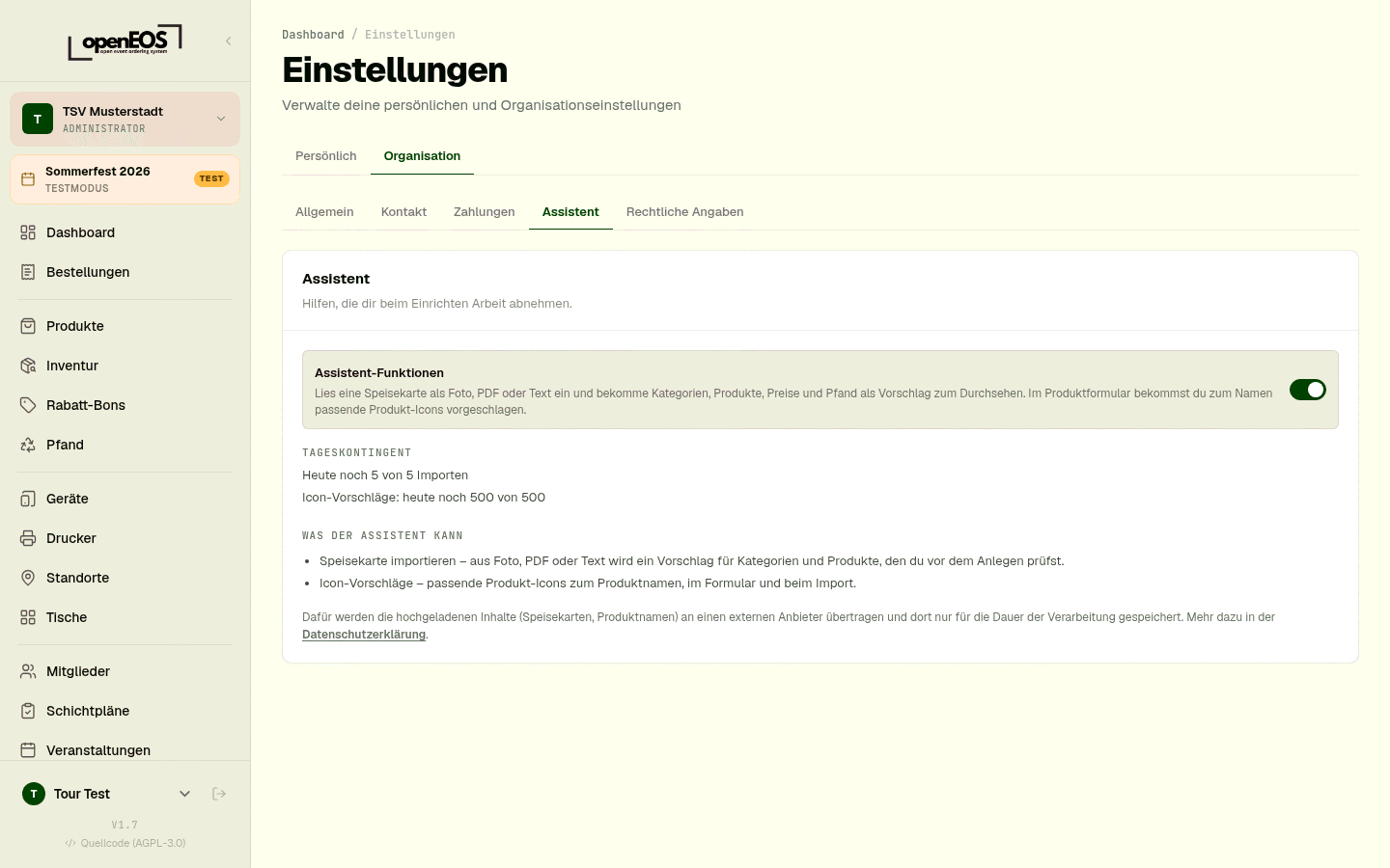 Einstellungen – Assistent mit Tageskontingent