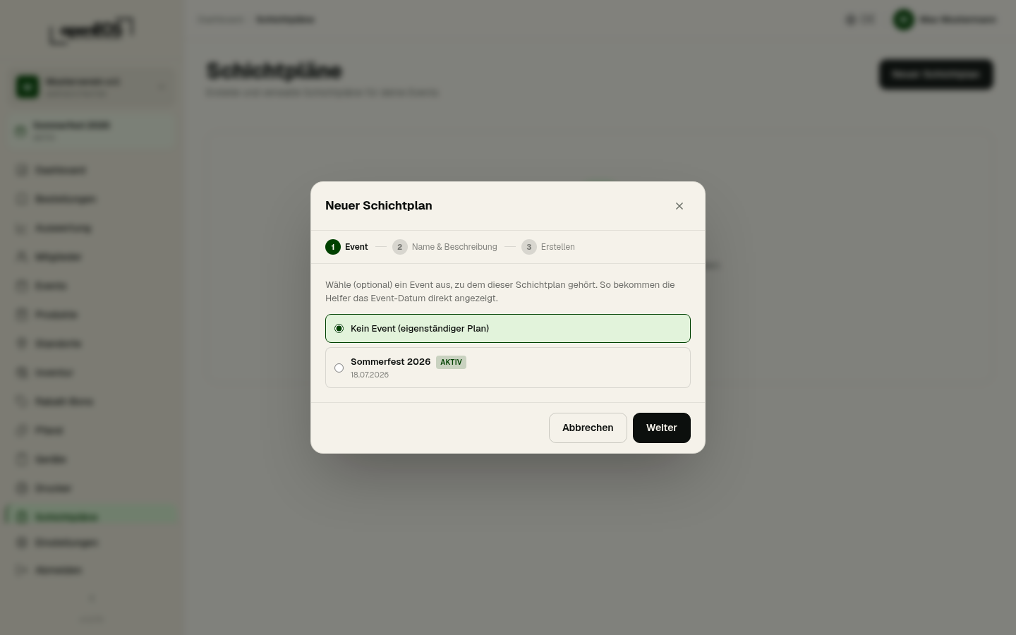 Schichtplan-Assistent: Event wählen