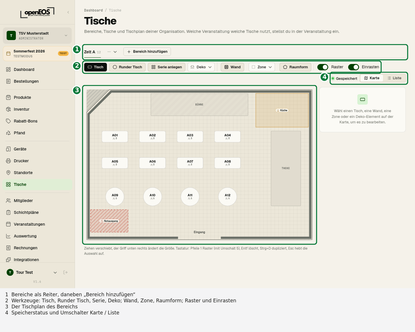 Die Seite „Tische“ mit Bereich, Werkzeugleiste und Tischplan