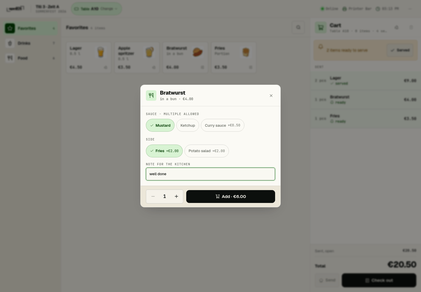 Options of an item with a note for the kitchen