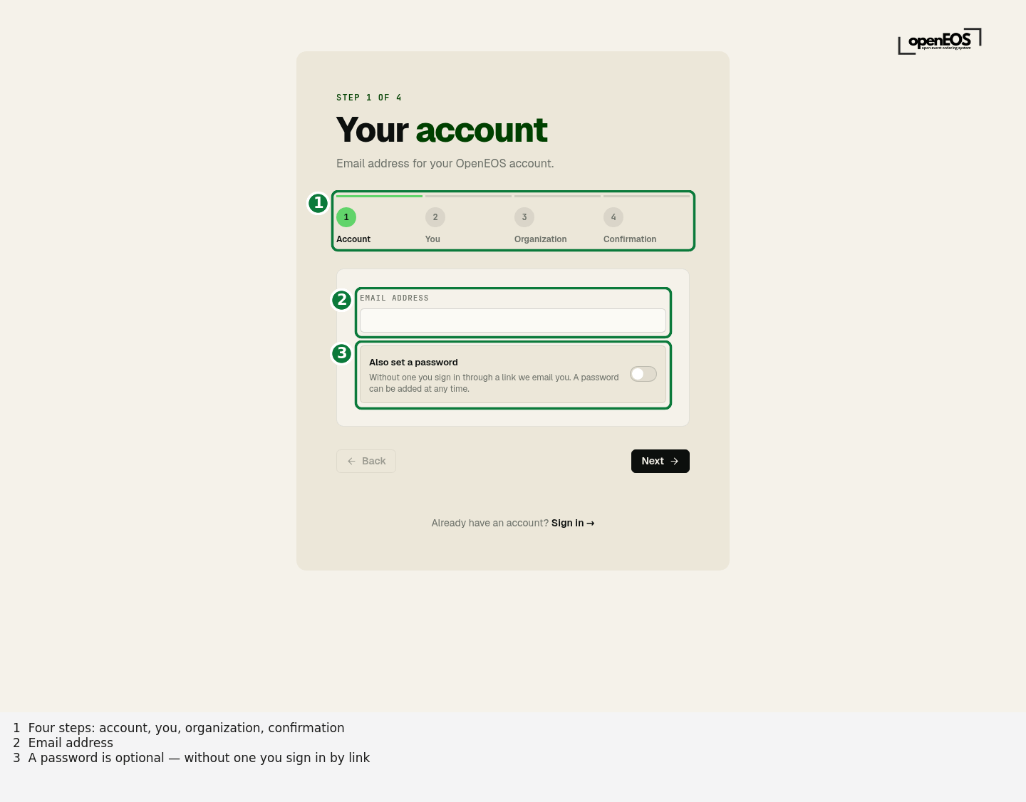 Registration step 1 – Account