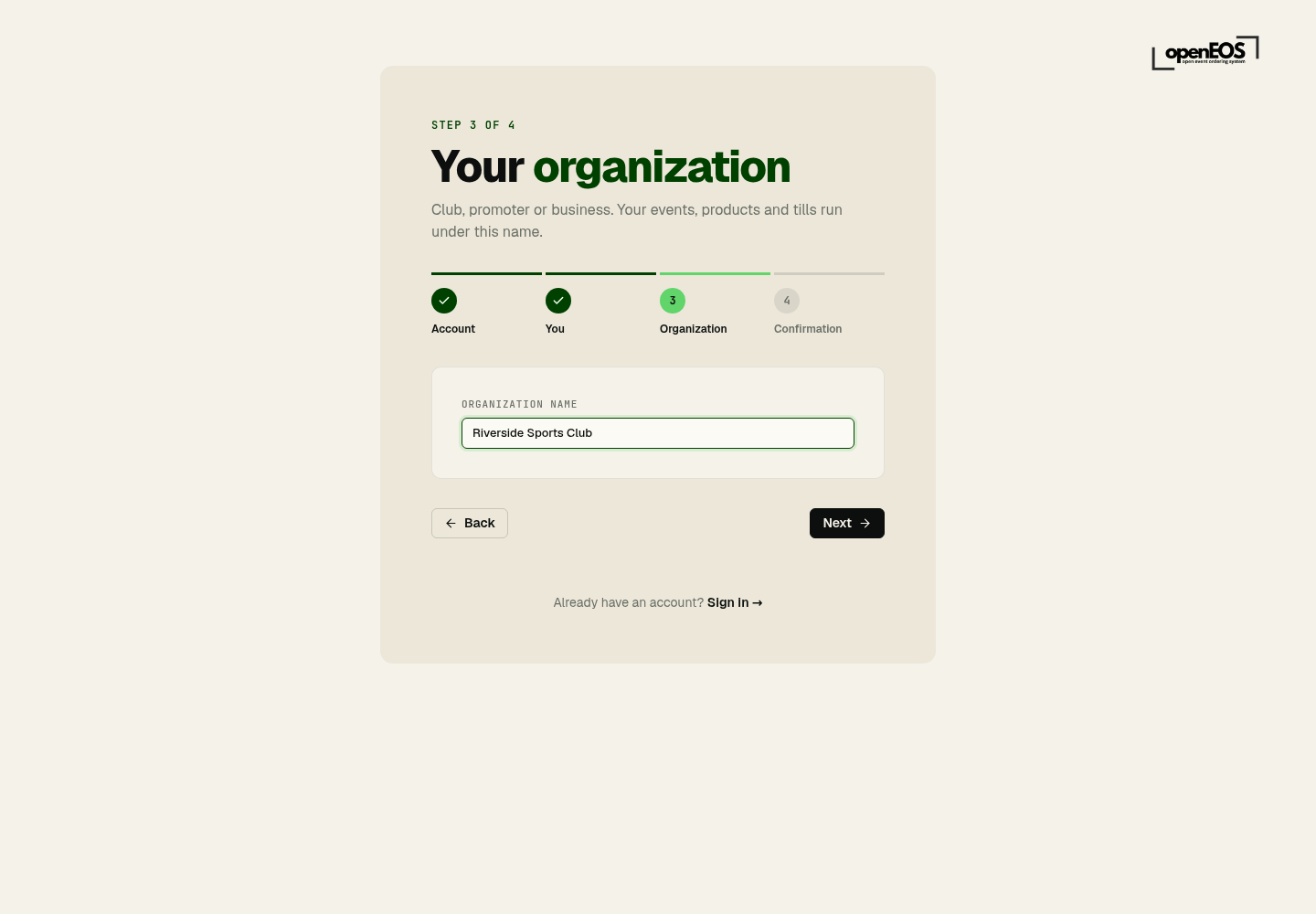 Registration step 3 – Organization
