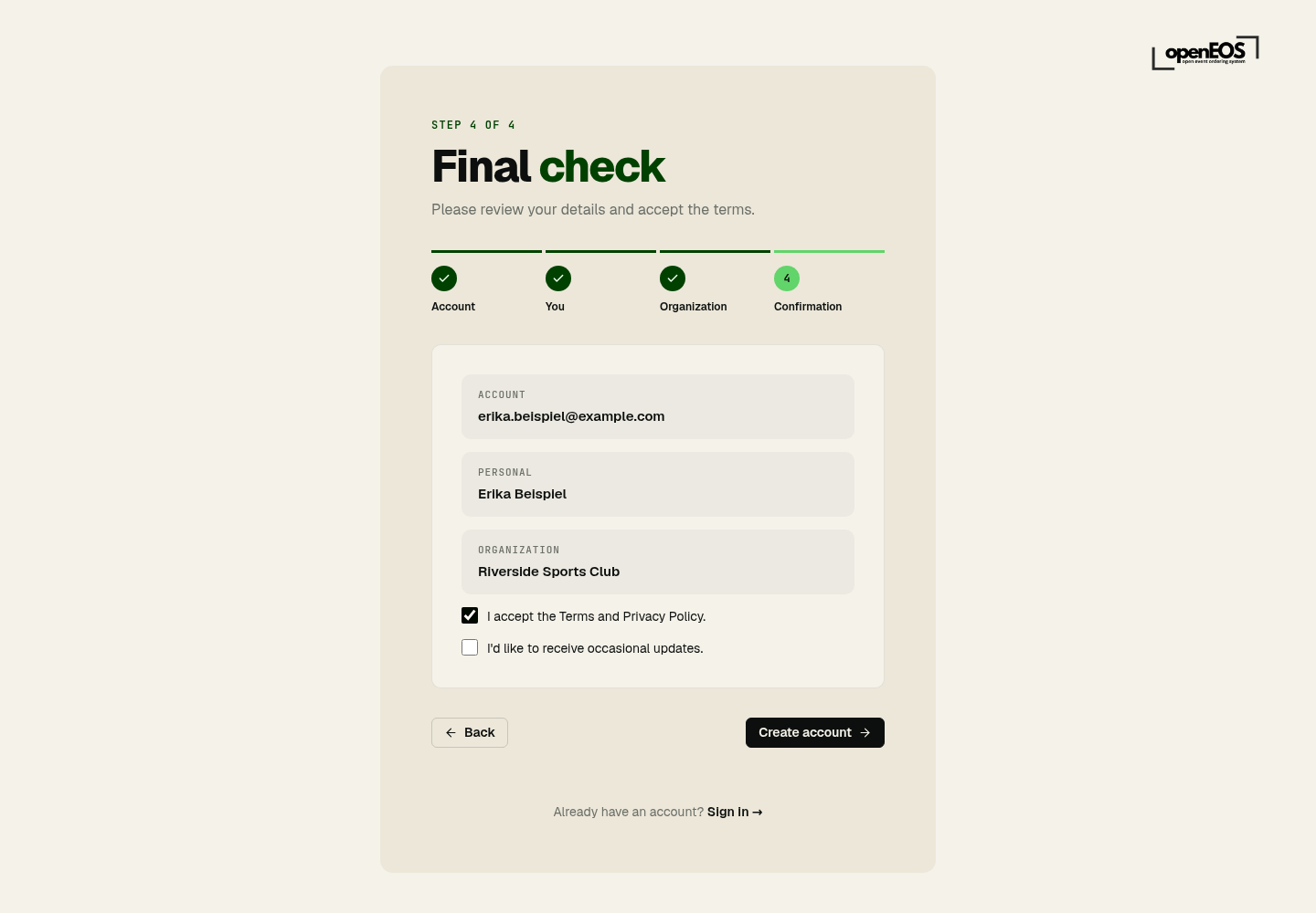 Registration step 4 – Confirmation