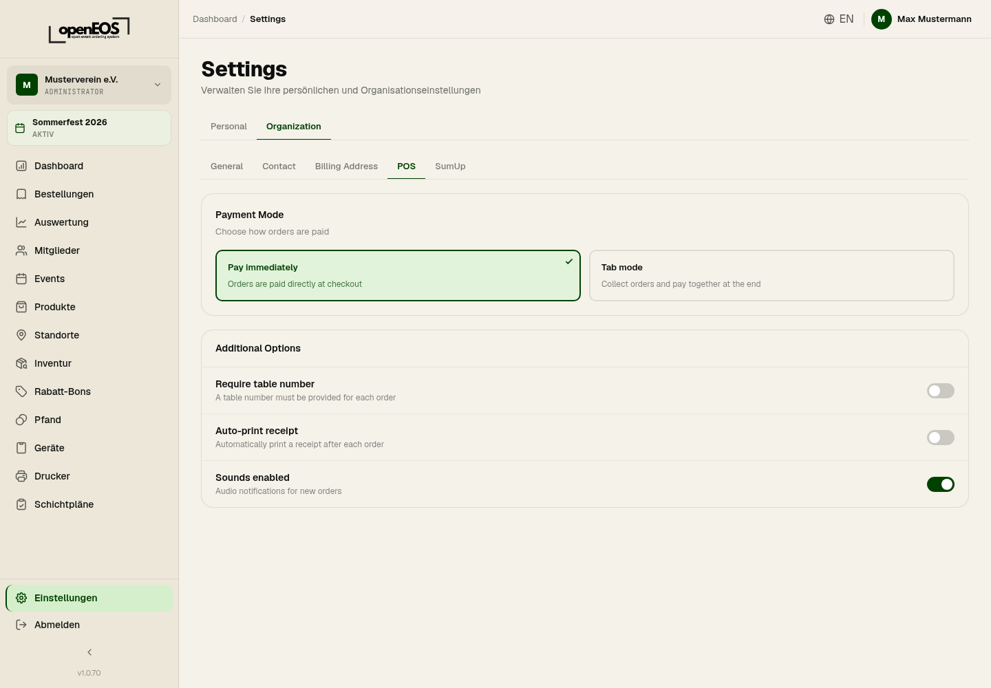 Organisation settings – Till (POS)