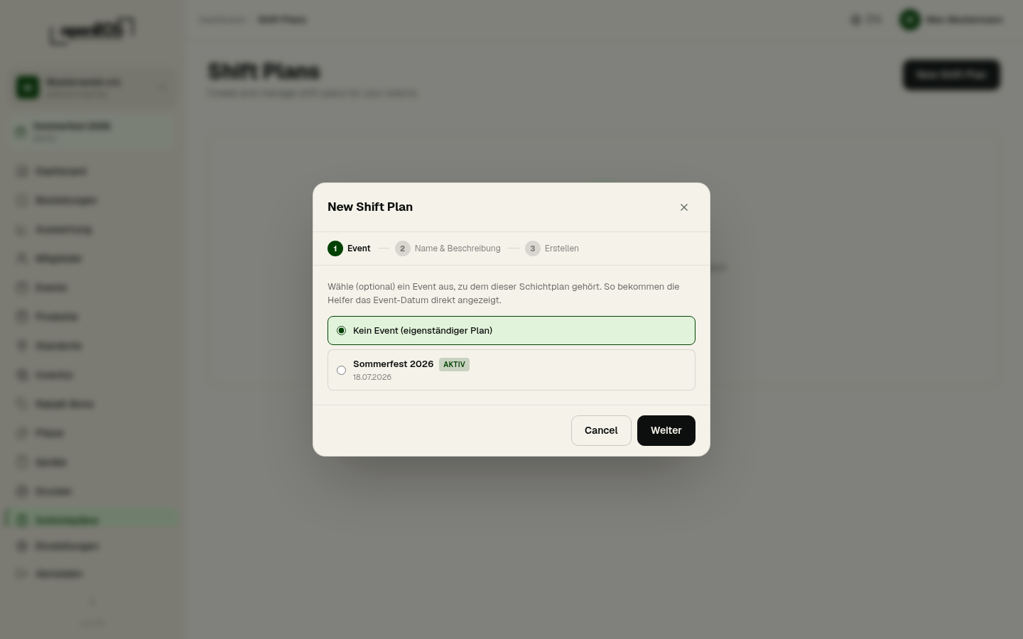 Shift plan wizard: select event