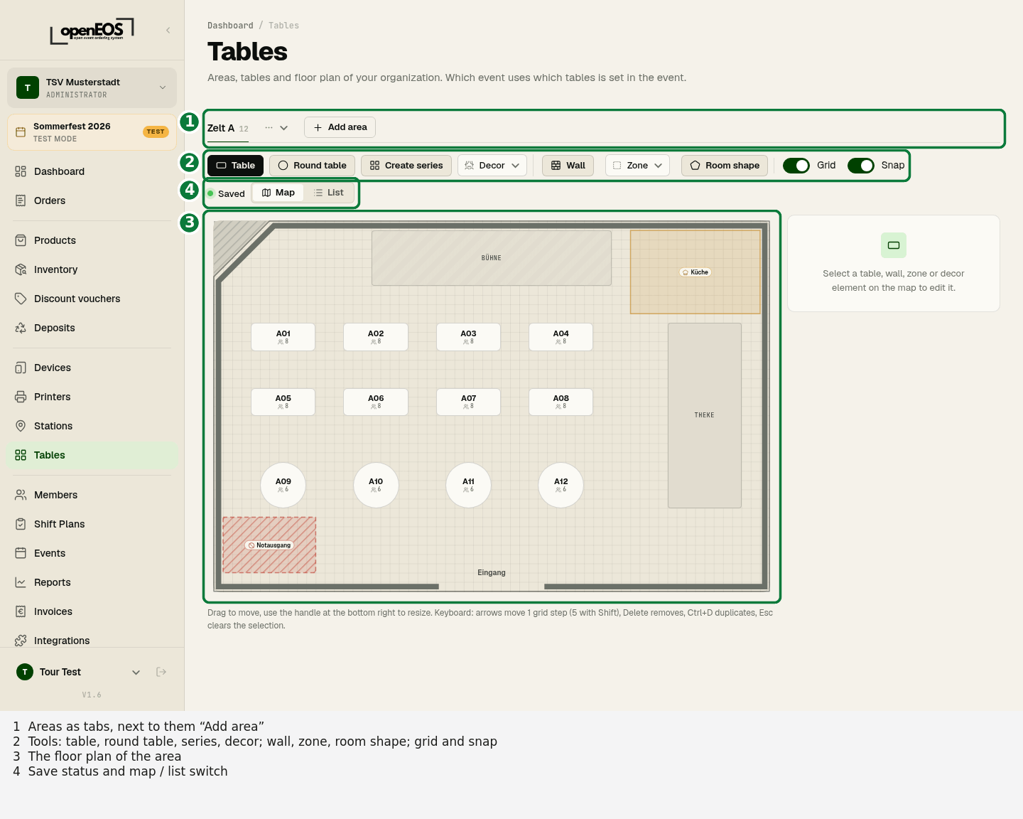 The Tables page with area, toolbar and floor plan
