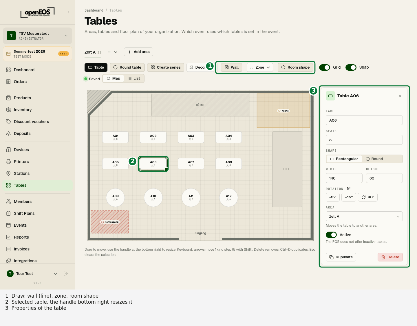 Floor plan with walls, zones and room shape; a selected table with its properties on the right